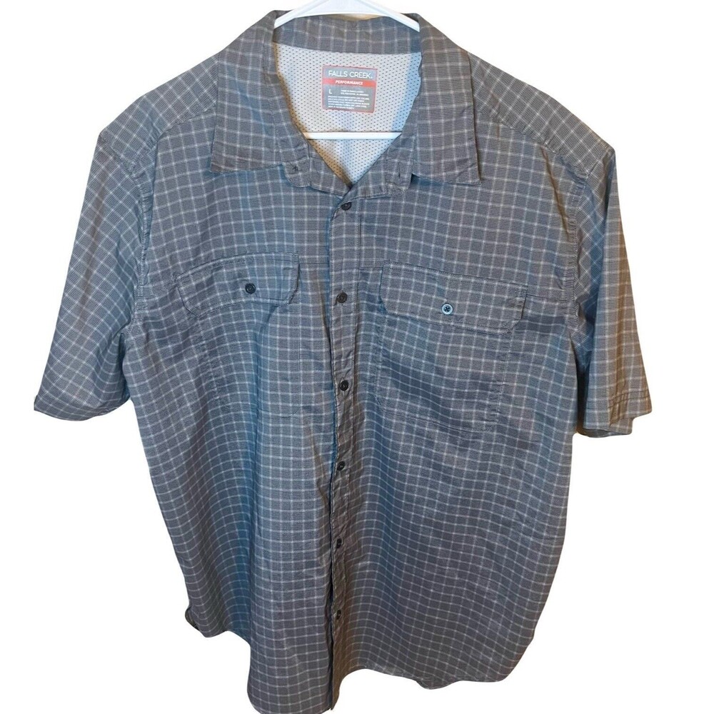 Falls Creek Mens Performance Short Sleeve Button Down Shirt Sz Large Grey Plaid